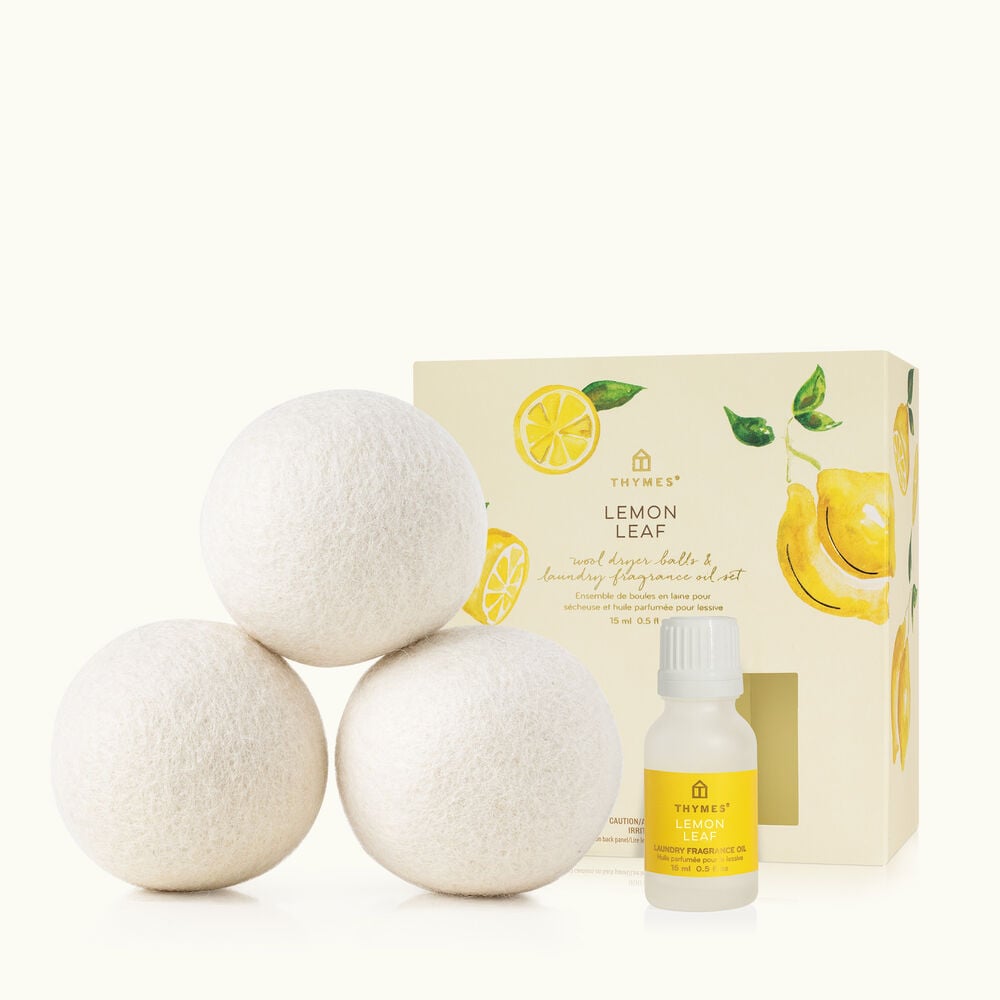 Thymes Lemon Leaf Wool Dryer Balls & Laundry Fragrance Oil Set with Packaging image number 0